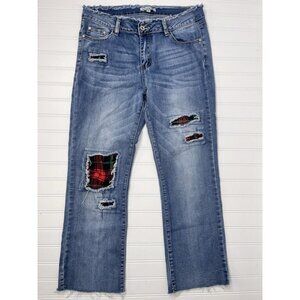 Distressed Blue Jeans with Plaid Accents
